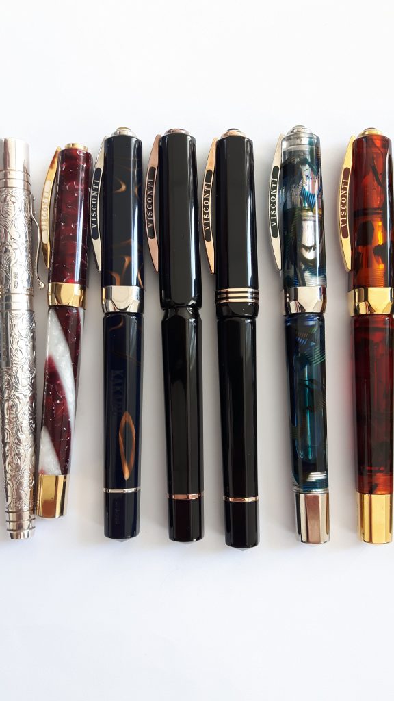 Left to right: Yard-O-Led Viceroy Grand, Visconti Opera Elements Fire, Visconti Kakadu, Visconti 25th Anniversary Urushi, Visconti Australis, Visconti Opera Master Demonstrator, Visconti Opera Master Tobacco/Tortoise/Turtle